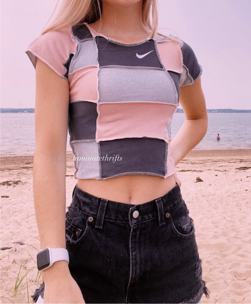(XS/S) Smokey Pink Patchwork Reworked Open Hem Top