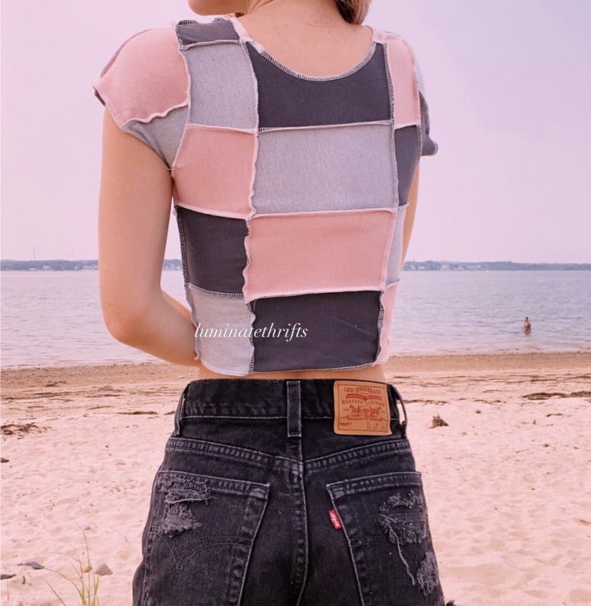 (XS/S) Smokey Pink Patchwork Reworked Open Hem Top