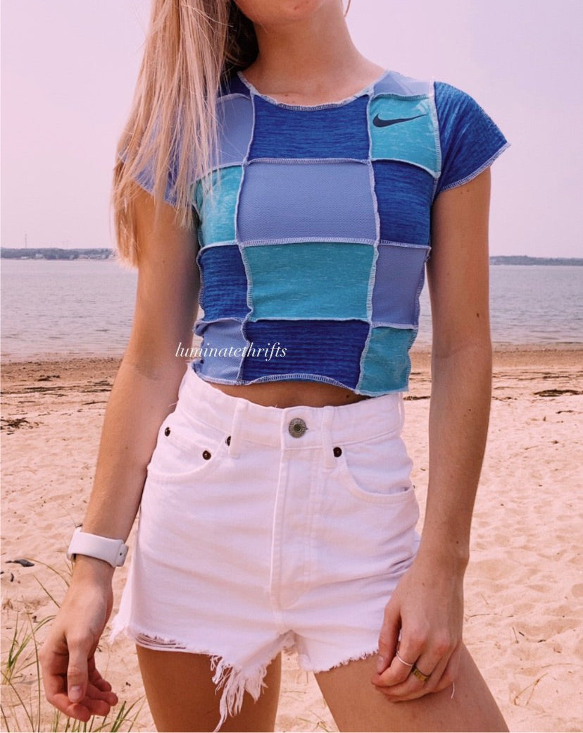 (XS/S) Sea Blue Patchwork Reworked Open Hem Top