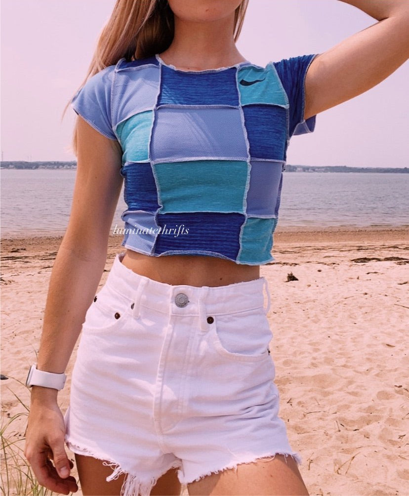 (XS/S) Sea Blue Patchwork Reworked Open Hem Top
