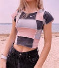 (XS/S) Smokey Pink Patchwork Reworked Open Hem Top