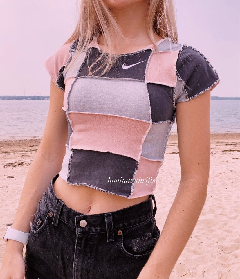 (XS/S) Smokey Pink Patchwork Reworked Open Hem Top