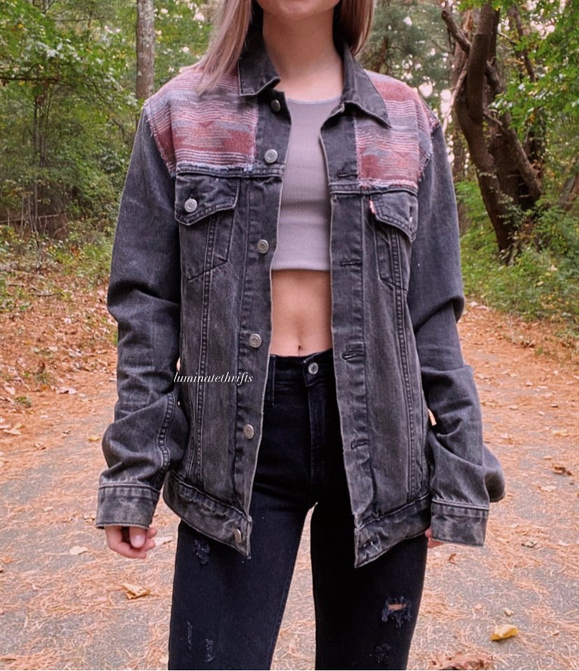 (M/L) Oversized Aztec Reworked Denim Jacket