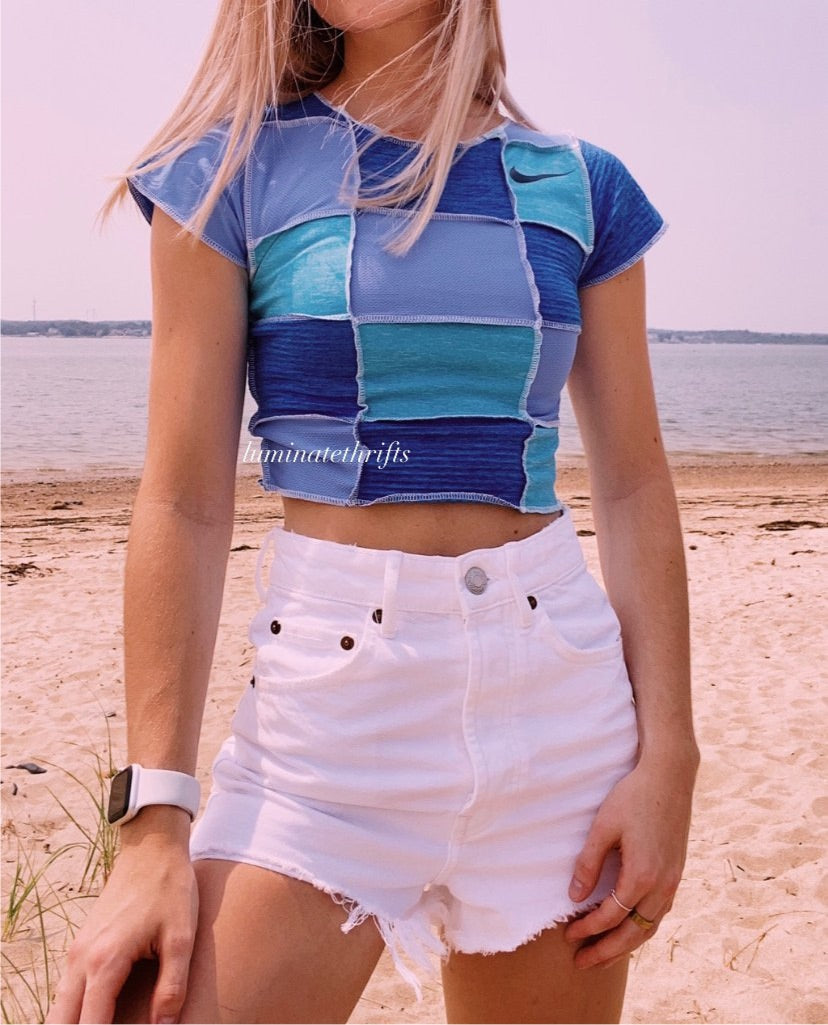 (XS/S) Sea Blue Patchwork Reworked Open Hem Top