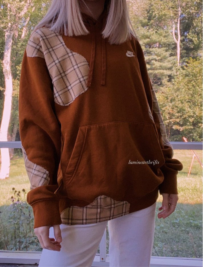 (M/L) Reworked Flannel Cow Hoodie