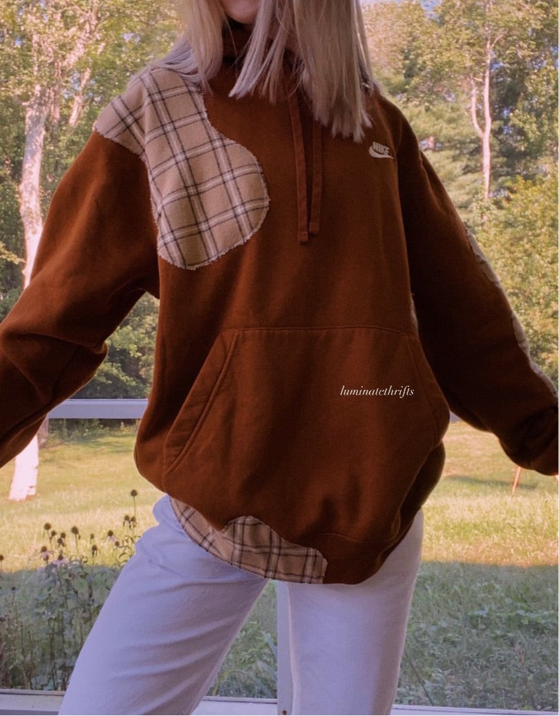 (M/L) Reworked Flannel Cow Hoodie