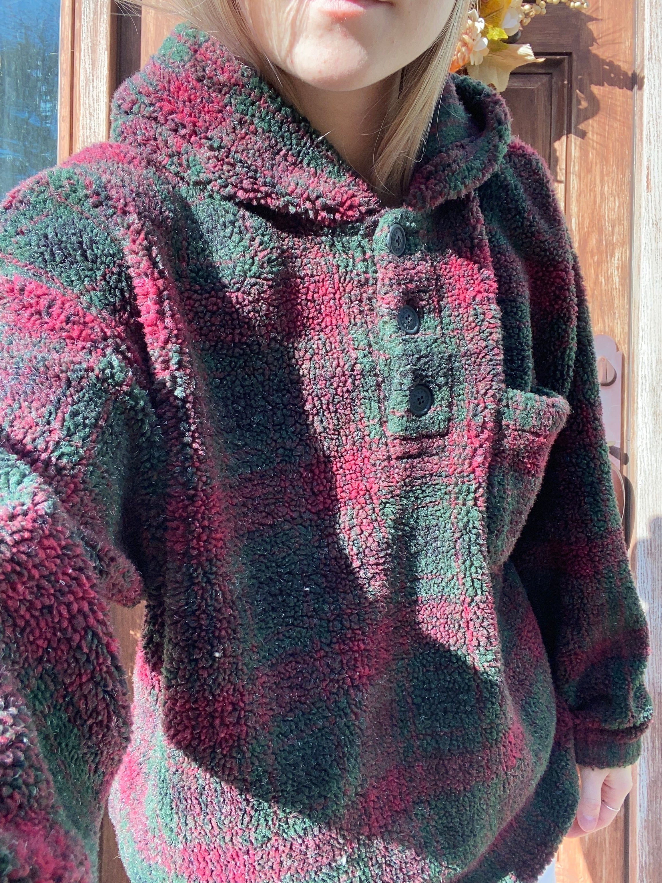 (XL) Red&Green Plaid Sherpa Henley Hoodie