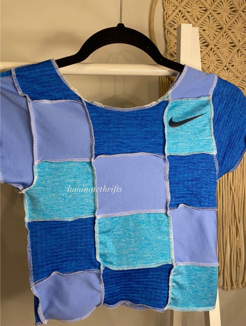 (XS/S) Sea Blue Patchwork Reworked Open Hem Top