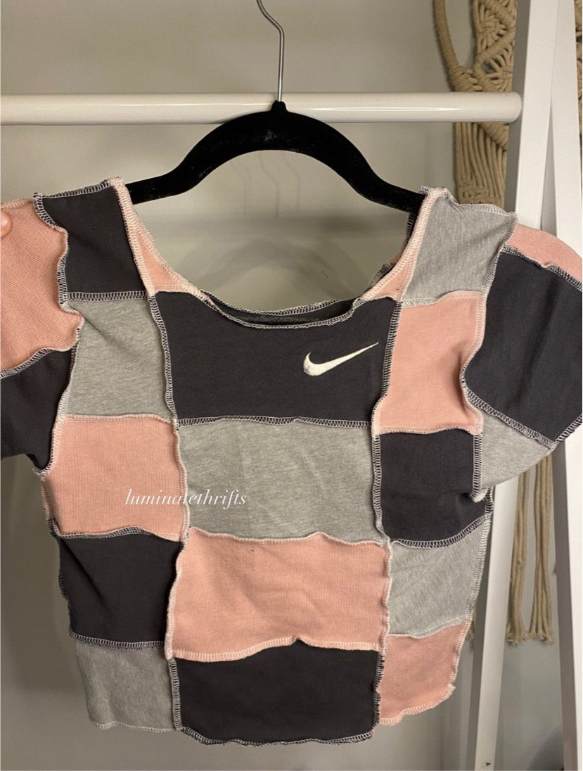 (XS/S) Smokey Pink Patchwork Reworked Open Hem Top