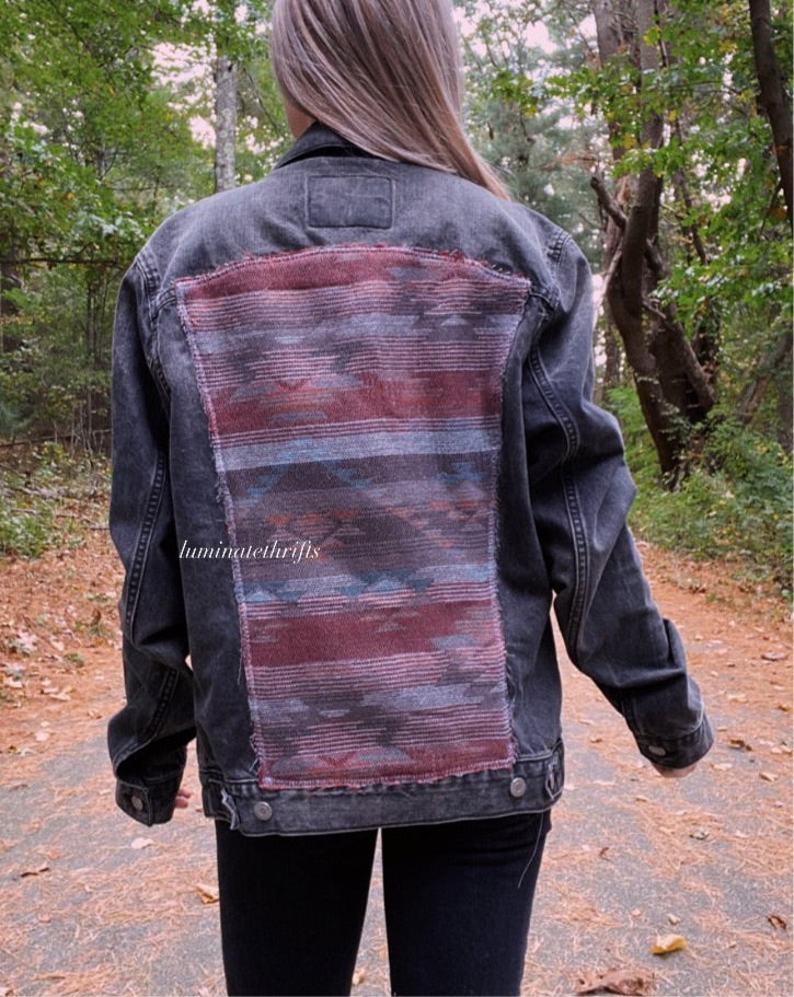 (M/L) Oversized Aztec Reworked Denim Jacket