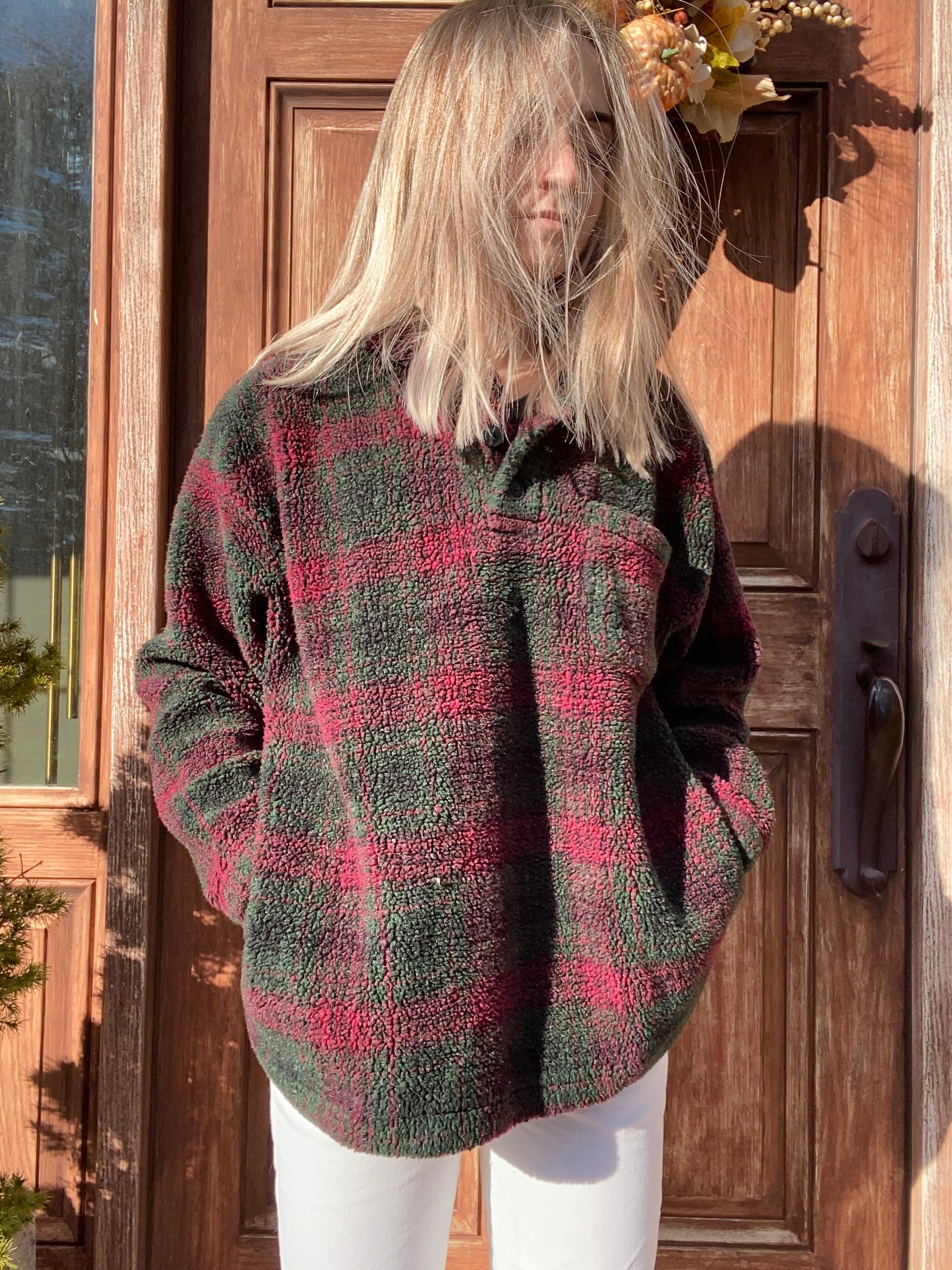 (XL) Red&Green Plaid Sherpa Henley Hoodie
