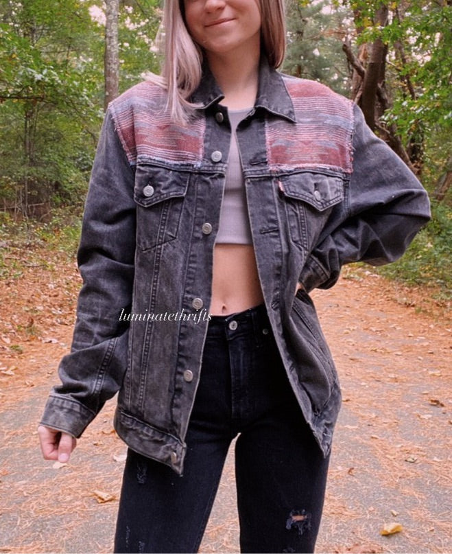 (M/L) Oversized Aztec Reworked Denim Jacket