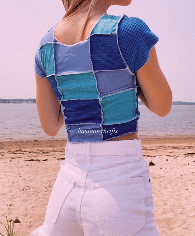 (XS/S) Sea Blue Patchwork Reworked Open Hem Top