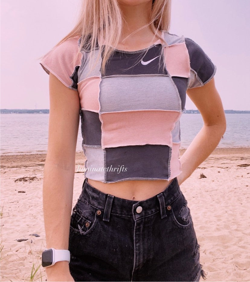 (XS/S) Smokey Pink Patchwork Reworked Open Hem Top