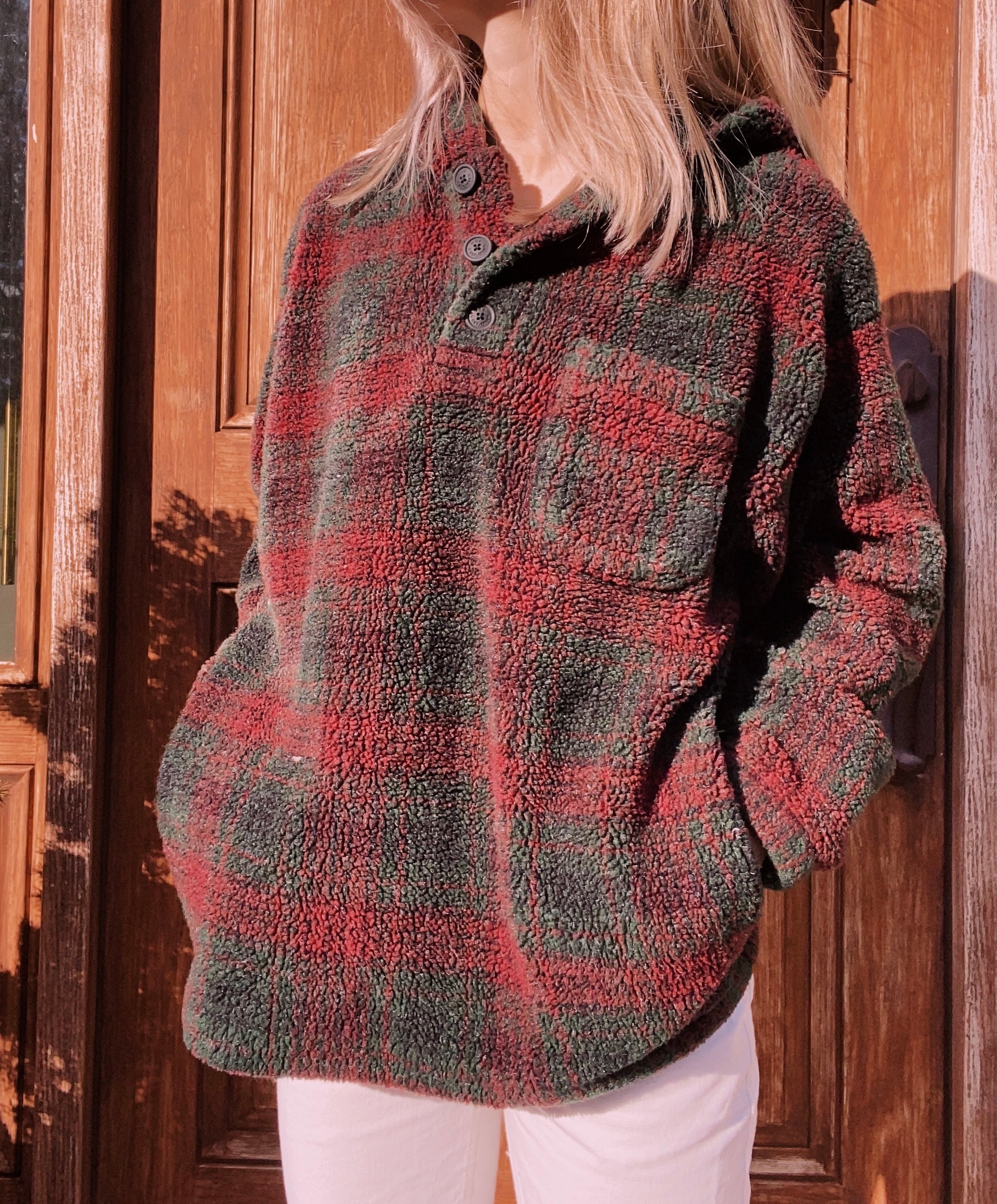 (XL) Red&Green Plaid Sherpa Henley Hoodie