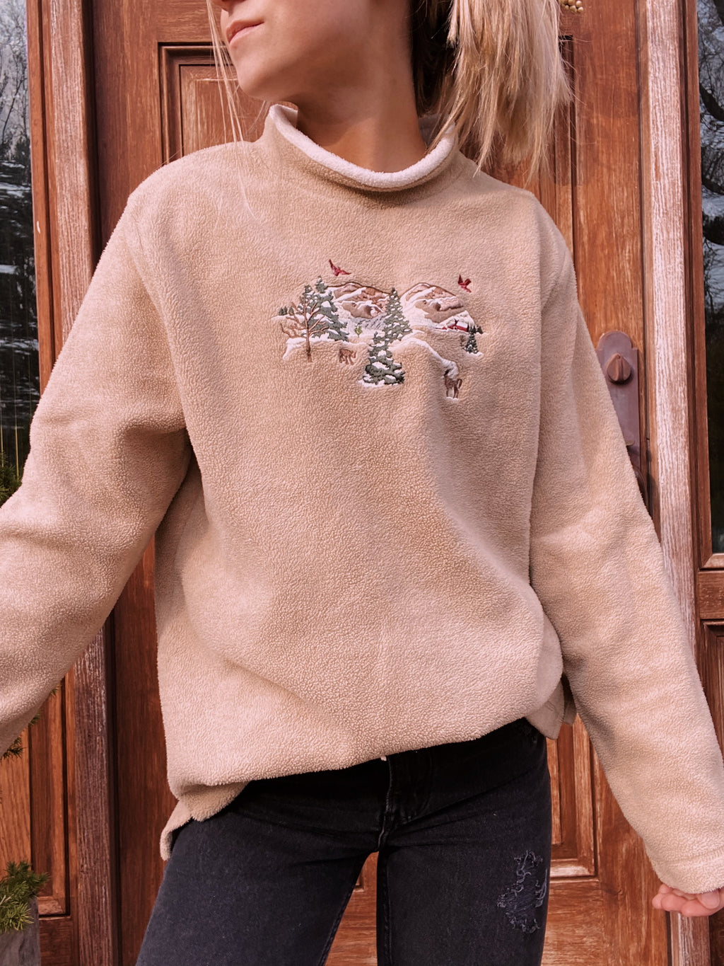 (L) Tan Ski Lodge Fleece Embroidered