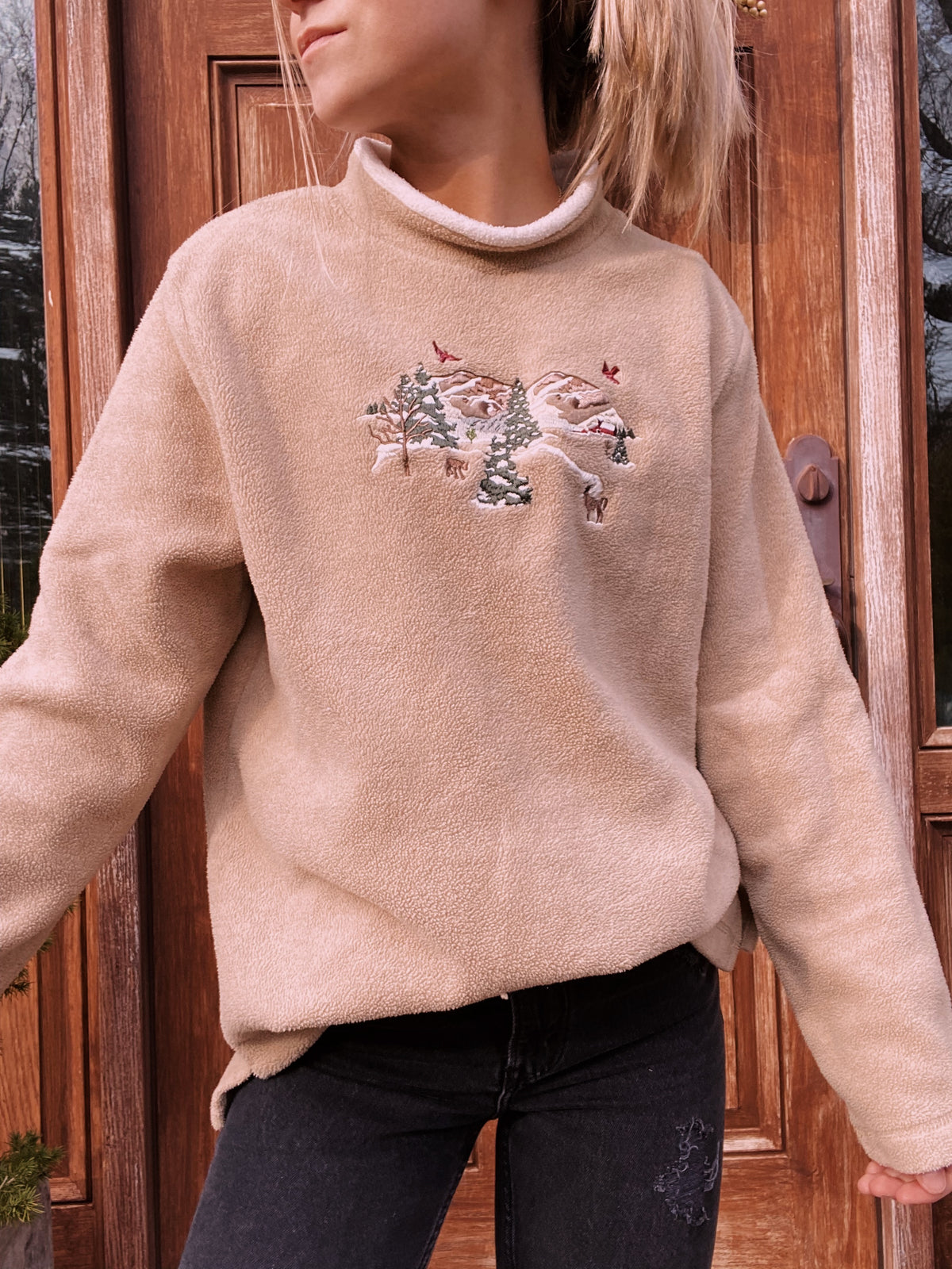 (L) Tan Ski Lodge Fleece Embroidered