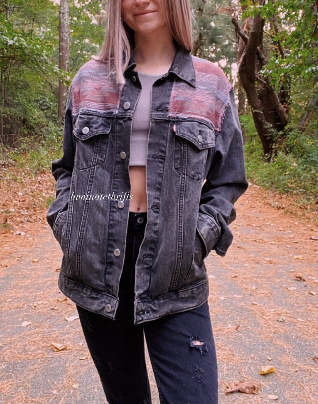 (M/L) Oversized Aztec Reworked Denim Jacket