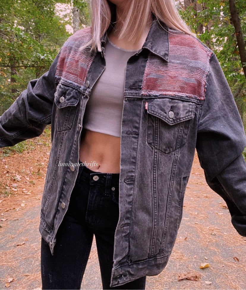 (M/L) Oversized Aztec Reworked Denim Jacket