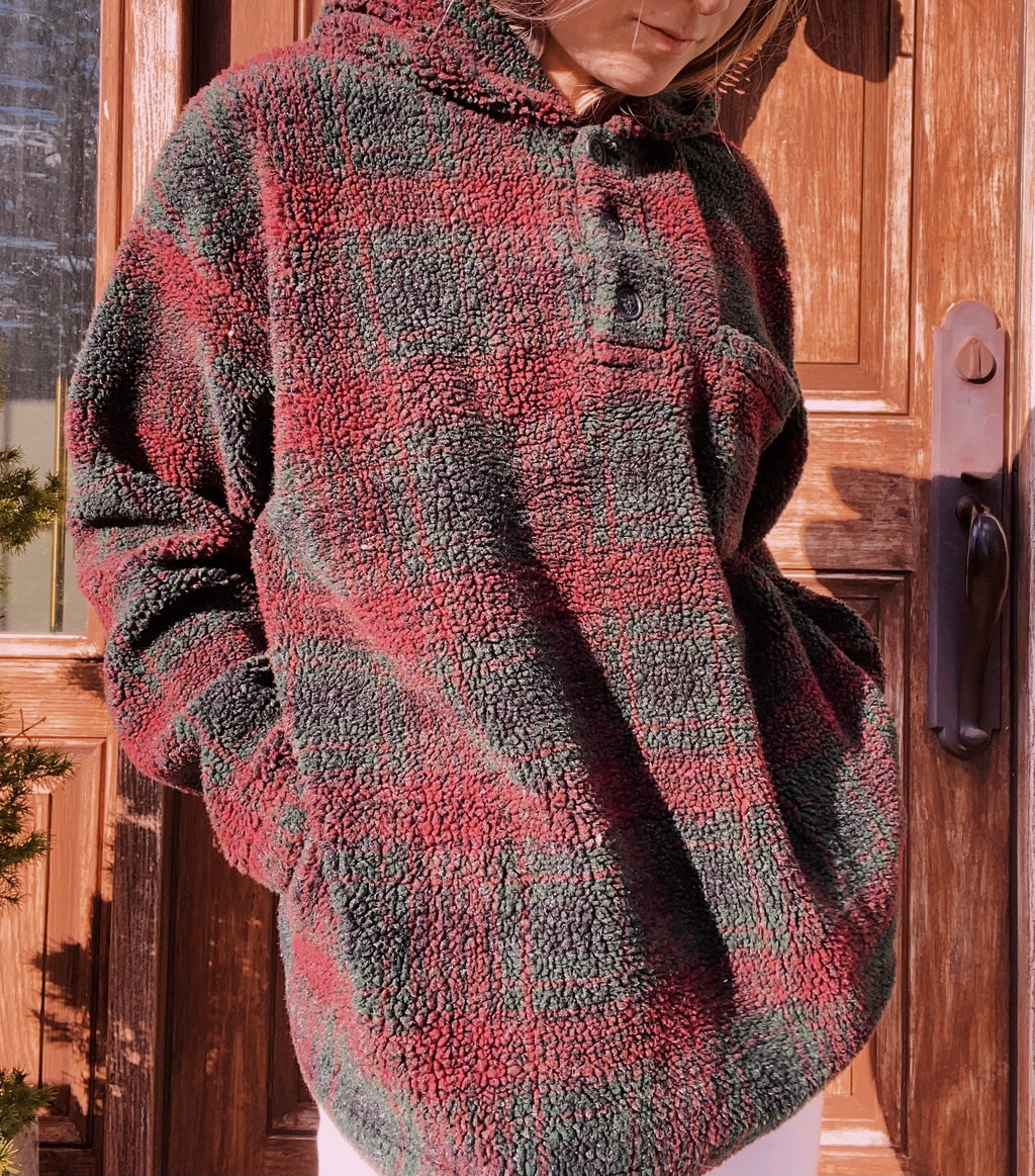 (XL) Red&Green Plaid Sherpa Henley Hoodie