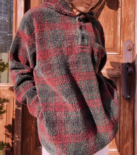 Load image into Gallery viewer, (XL) Red&amp;Green Plaid Sherpa Henley Hoodie
