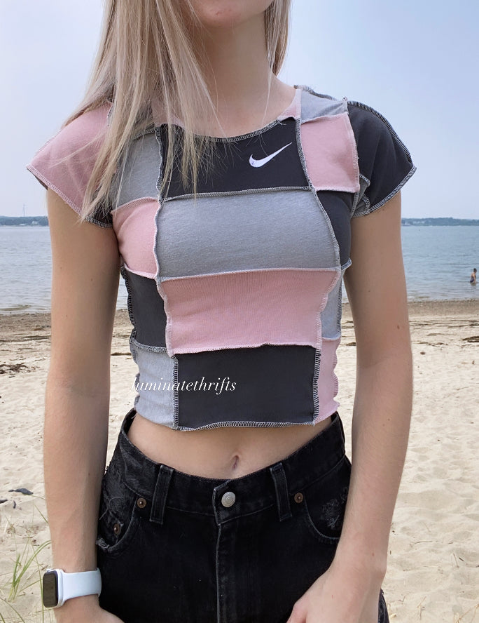 (XS/S) Smokey Pink Patchwork Reworked Open Hem Top