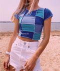 (XS/S) Sea Blue Patchwork Reworked Open Hem Top