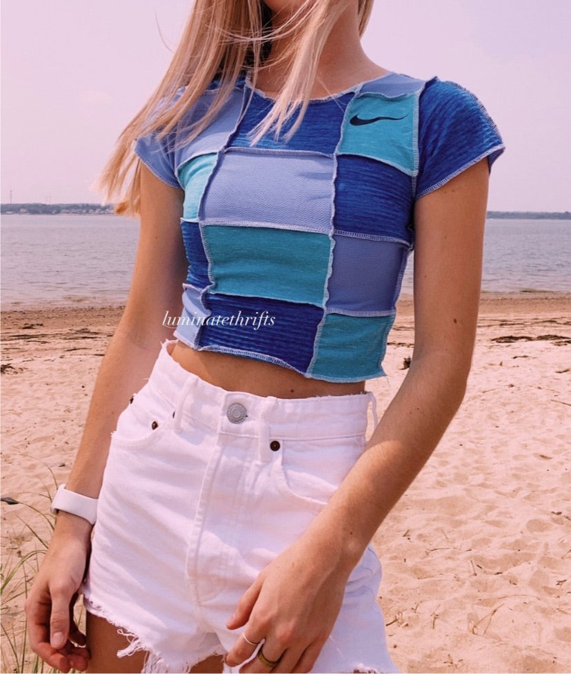 (XS/S) Sea Blue Patchwork Reworked Open Hem Top