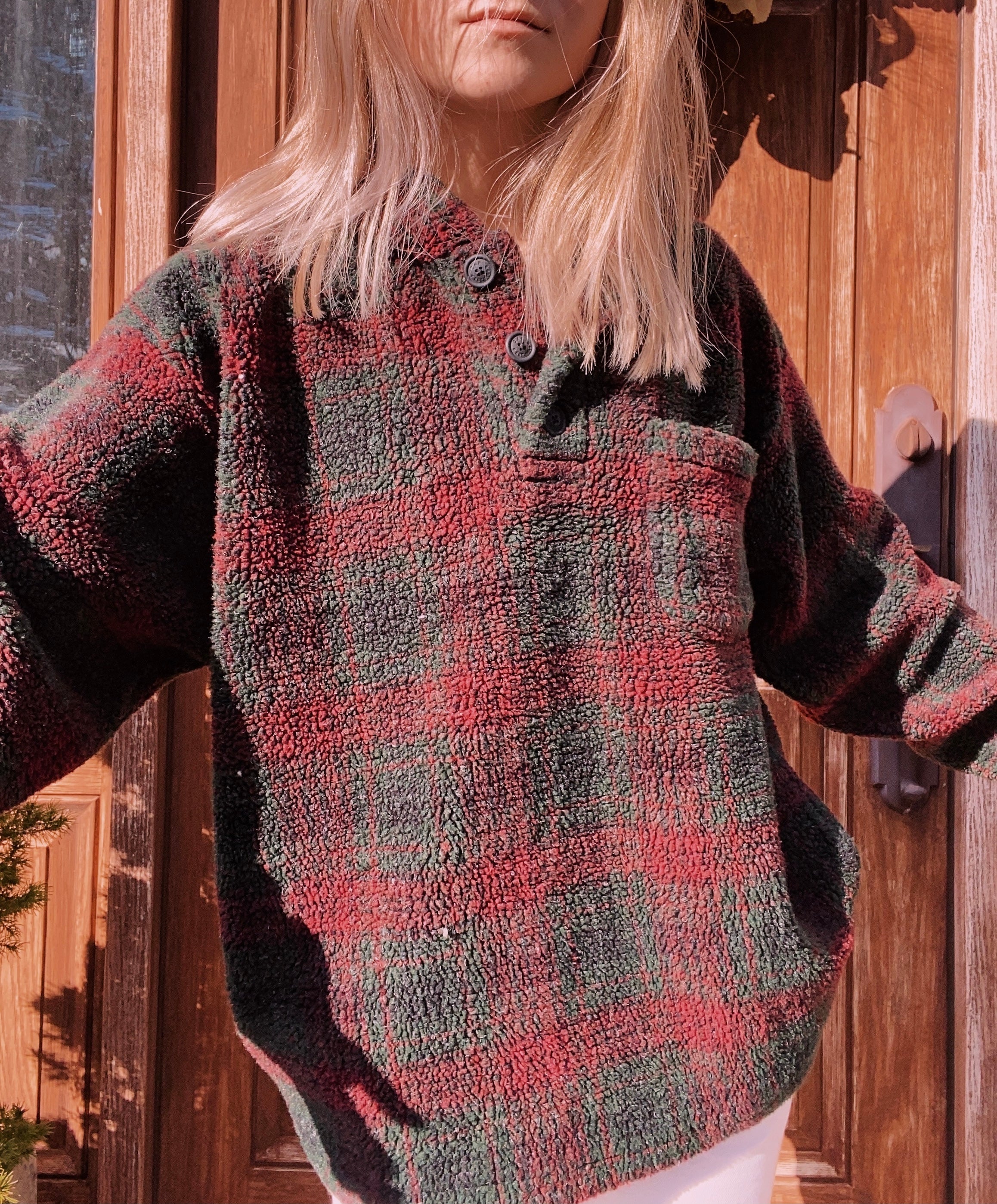 (XL) Red&Green Plaid Sherpa Henley Hoodie