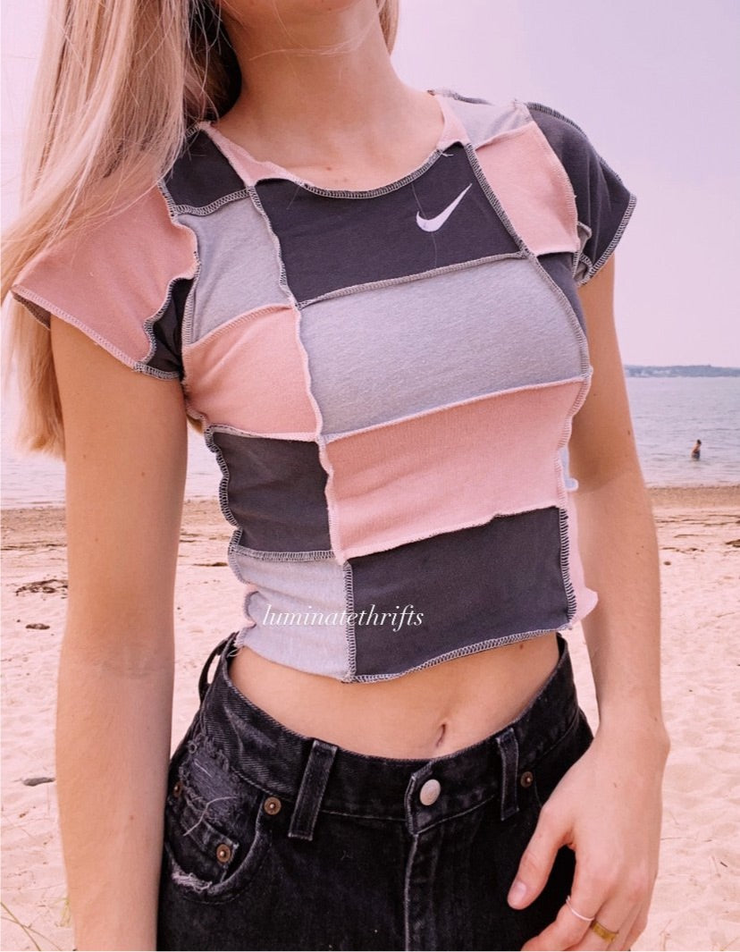 (XS/S) Smokey Pink Patchwork Reworked Open Hem Top