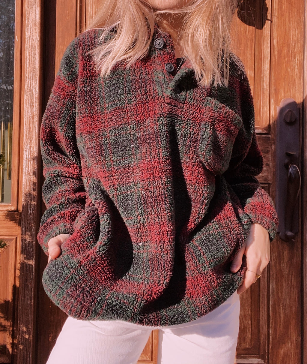 (XL) Red&Green Plaid Sherpa Henley Hoodie