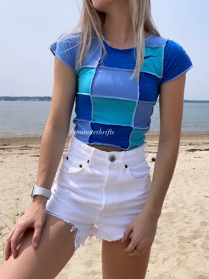 (XS/S) Sea Blue Patchwork Reworked Open Hem Top